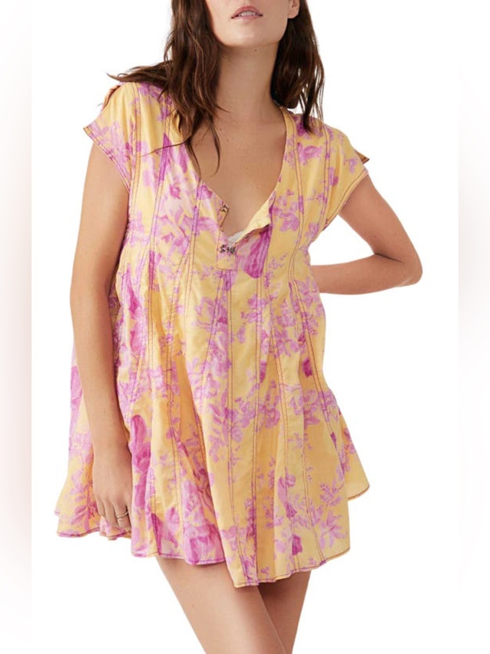Free People Sully Seamed Babydoll Dress Sunshine Combo Floral Mini Tunic Sz S